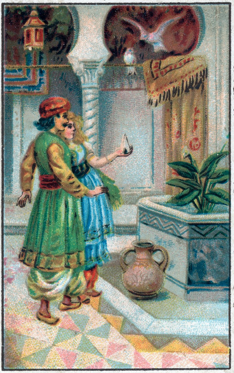 Prins Ahmed med honoraret. Historien om prins Ahmed og avgiften Paris-Banou (Pari Banou) (Paribanu). Fortelling om 1001 netter (fortellinger om tusen og én natt). Kromolitografi fra slutten av 1800-tallet. av Unknown artist