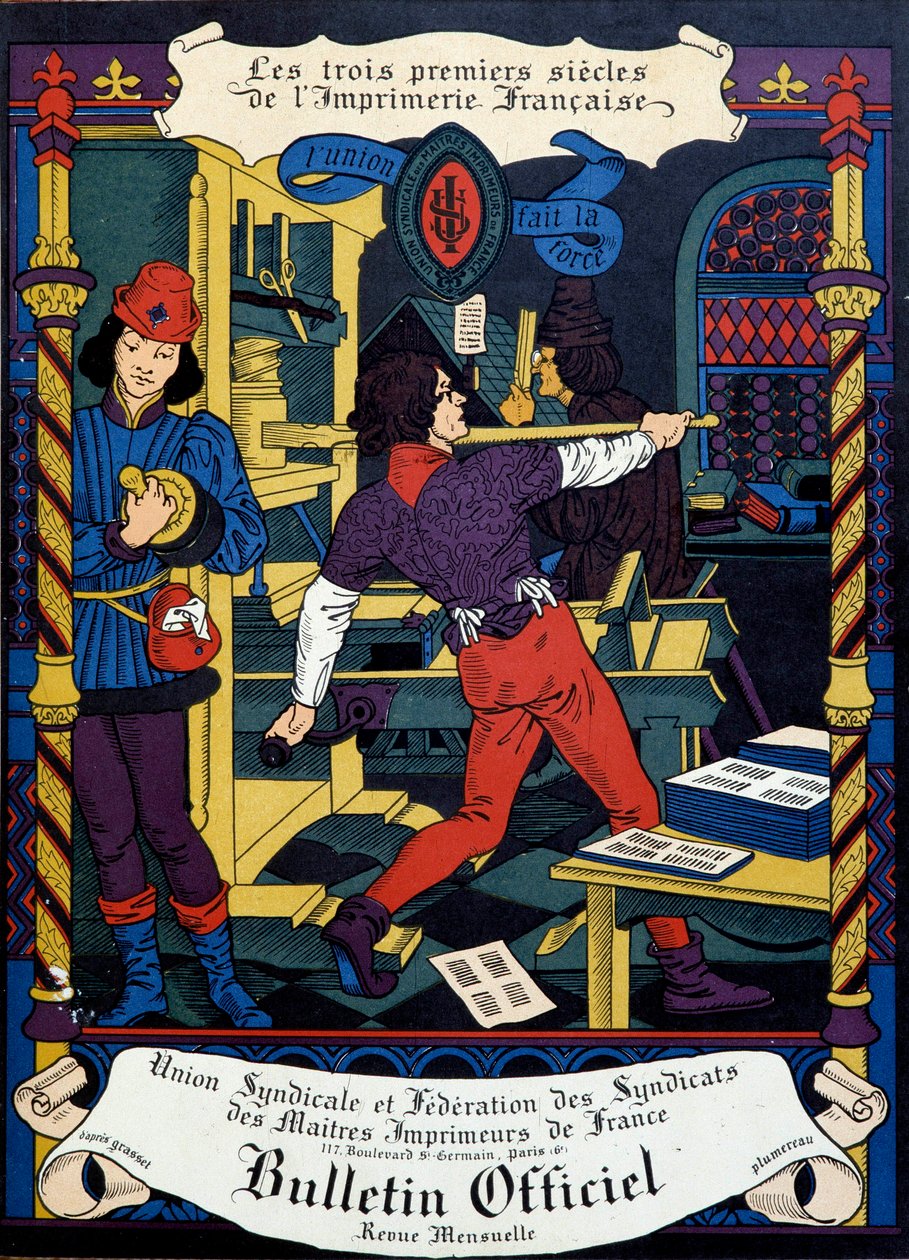 Utskrift: forside til den offisielle bulletinen til Union syndicale des maitres printers de France. 1800-tallet. Paris, B.N. av Unknown artist