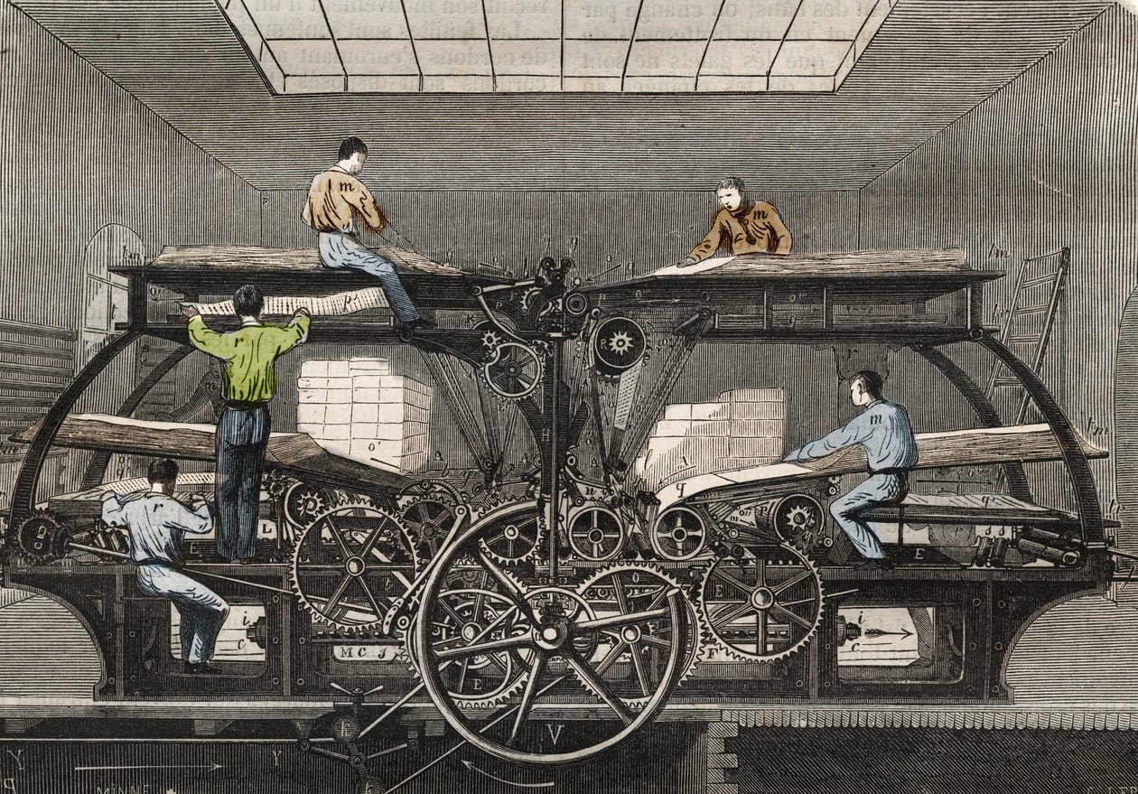 Trykkpresse: trykkpresse til avisen "" Le Siecle"" i Paris. Gravering fra 1857 i "" Le Musee Des Sciences"" av Unknown artist