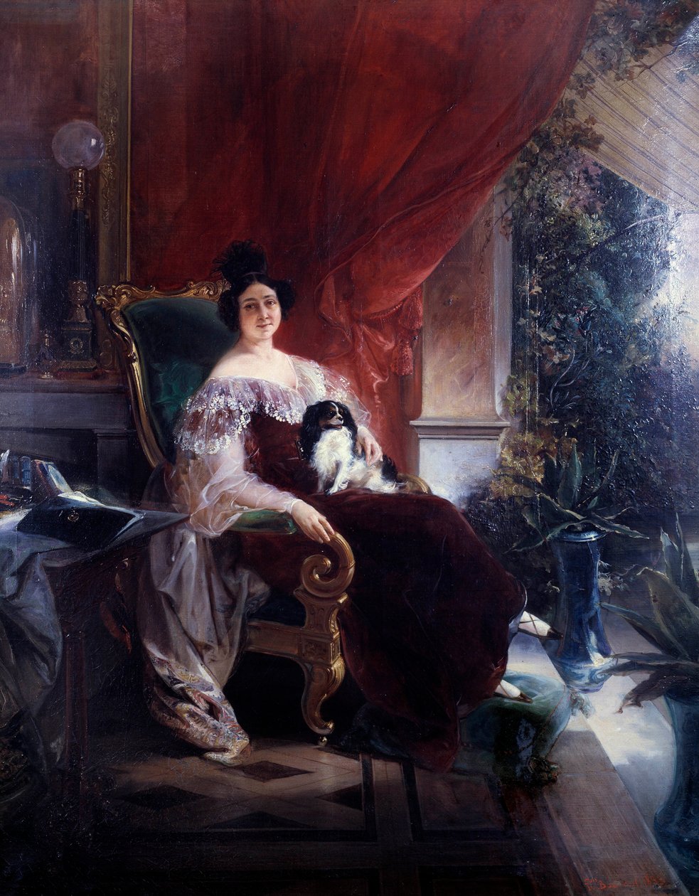 Privatliv, damen med hunden. En hund som sitter på en kvinne på en veranda. Maleri av Francois Bourbot (1800-tallet) av Unknown artist