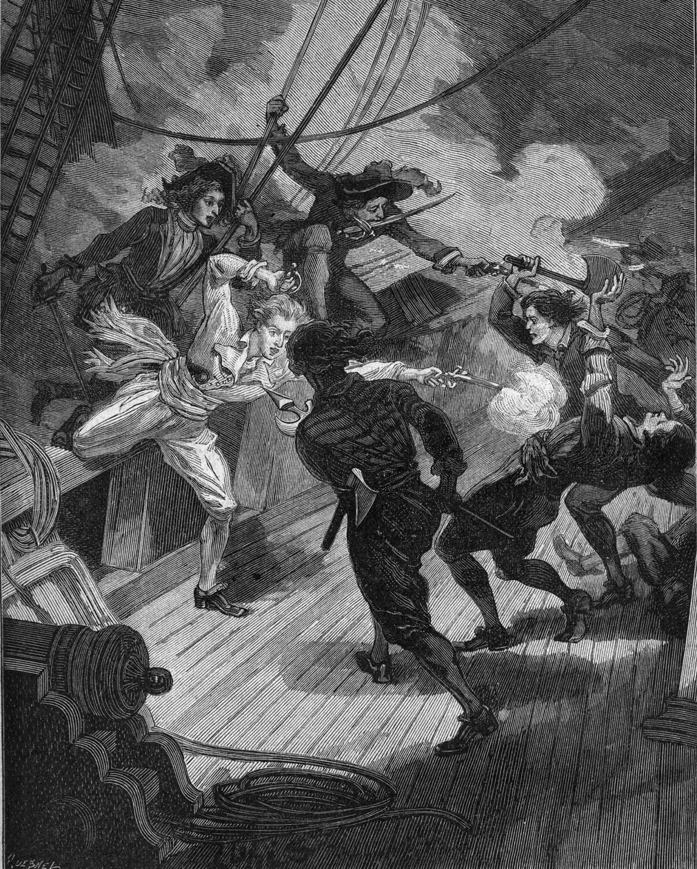 Privateer Jean Bart (1650-1702) approaching a ship. Engraving of the 19th century. In “Histoire de France” by Jules Michelet av Unknown artist