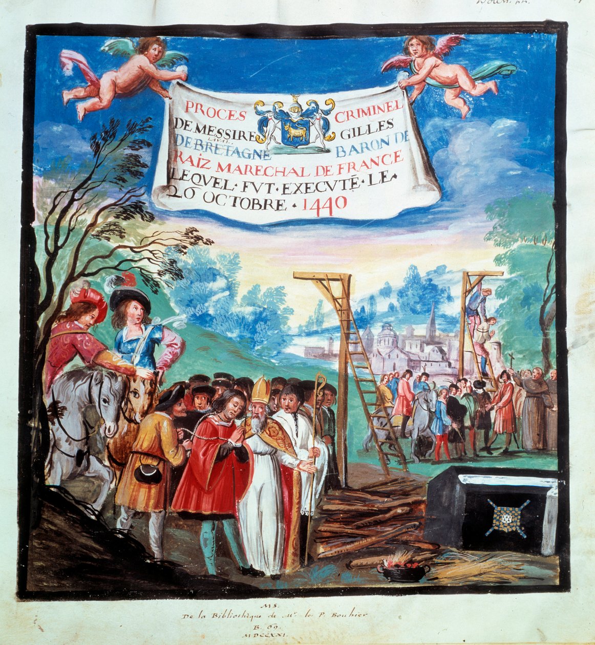Proces of Gilles de Rais (Retz ou Rays) (1404-1440): "" Henrettelsen, gibet og slakteren""" Han blir henrettet for drap og kjetteri. 1400-talls miniatyr. Paris, B.N. av Unknown artist
