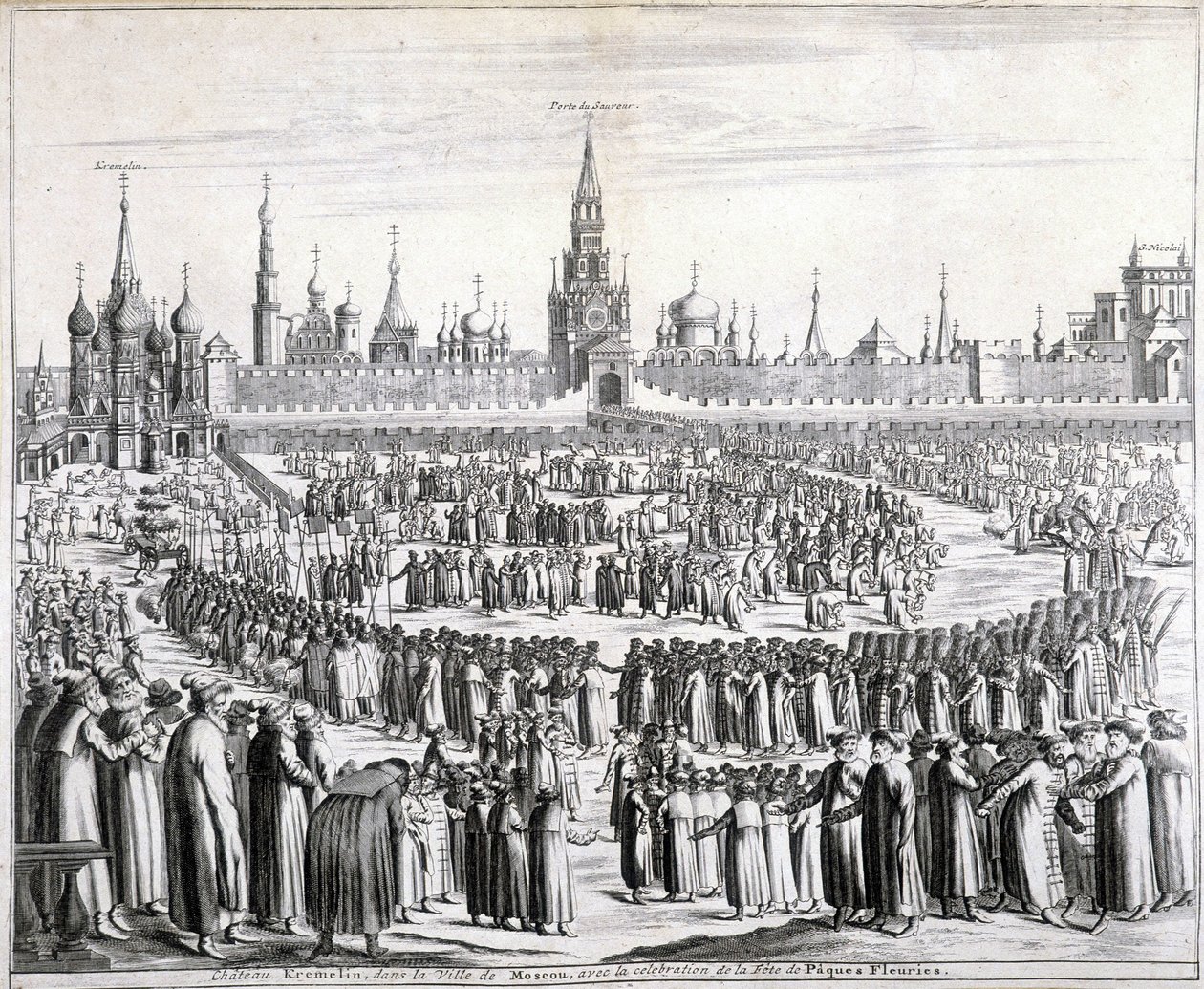 Prosesjon av påskeblomster foran Den hellige frelsersporten og Kreml i Moskva. Gravering av 1800-tallet. av Unknown artist