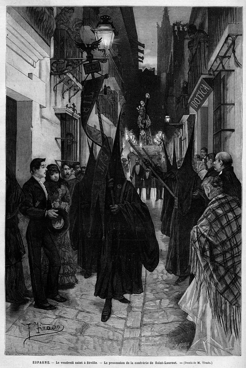 Procession of the conferery of Saint Laurent (St. Lawrence) in Seville (Spain) on Good Friday (Holy Friday). Engraving in “” Le Monde illustrious”” 1883. Private collection. av Unknown artist