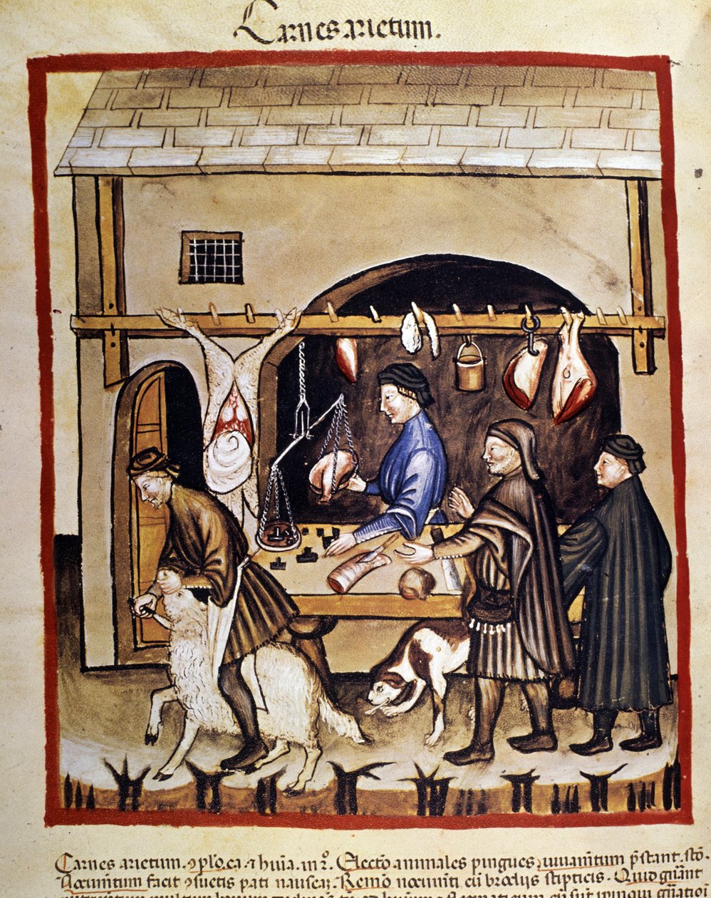 Produksjon og salg (slakter) av sauekjøtt. En sau blir slaktet. Belysning fra melking av medisin og diett "" Tacuinum sanitatis"" av Unknown artist