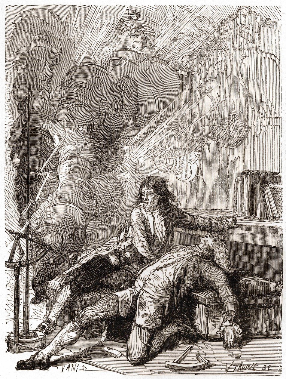Professor Georges Guillaume Richmann (1711-1753) døde i verkstedet sitt etter et eksperiment med et elektrometer av Unknown artist