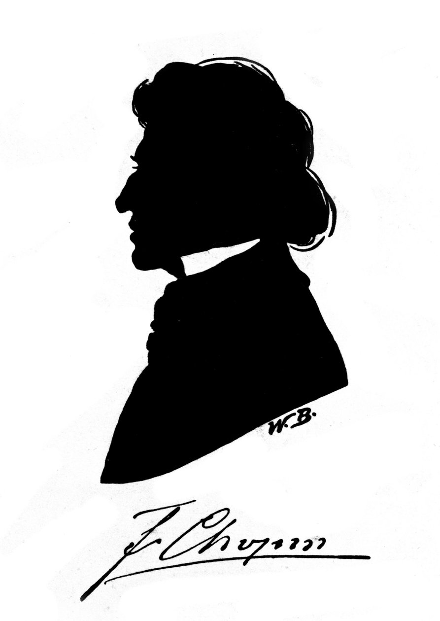 Profilsilhuett av den polske komponisten Frederic Chopin (1810-1849) med autograf. 1800-tallet av Unknown artist