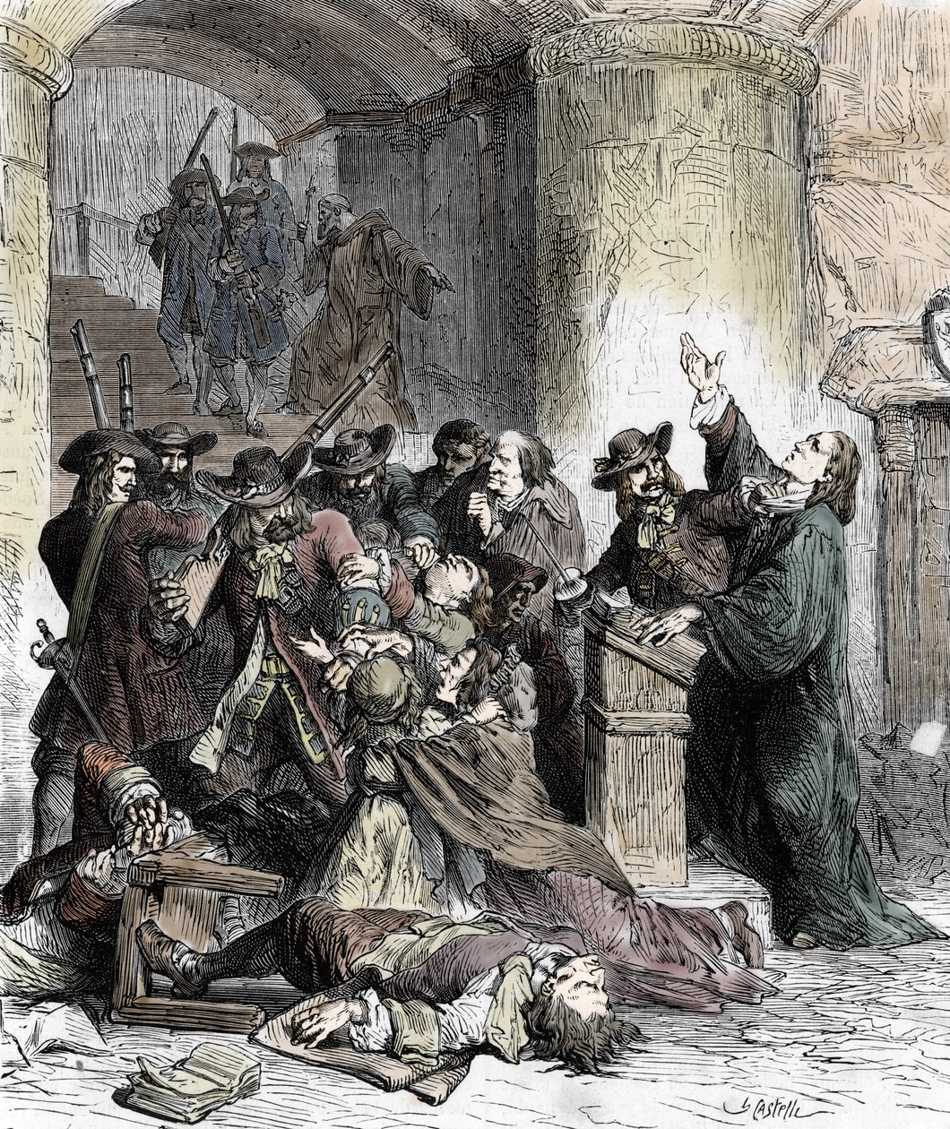 Forbud mot predikanter og arrestasjon av protestanter etter tilbakekallingen av Edit de Nantes (dragonnader under Ludvig XIV (1681-1686): Katolske soldater (drager) massakrerer protestantene. 1800-tallet (gravering) av Unknown artist