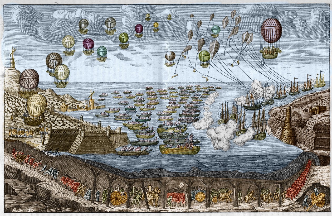 Angrepsprosjekt (invasjon) mot England i 1803 av Napoleon I - Franske tropper går gjennom kanaltunnelen mens skip og ballonger angriper fra sjø og luft - Gravering av 1803 av Unknown artist