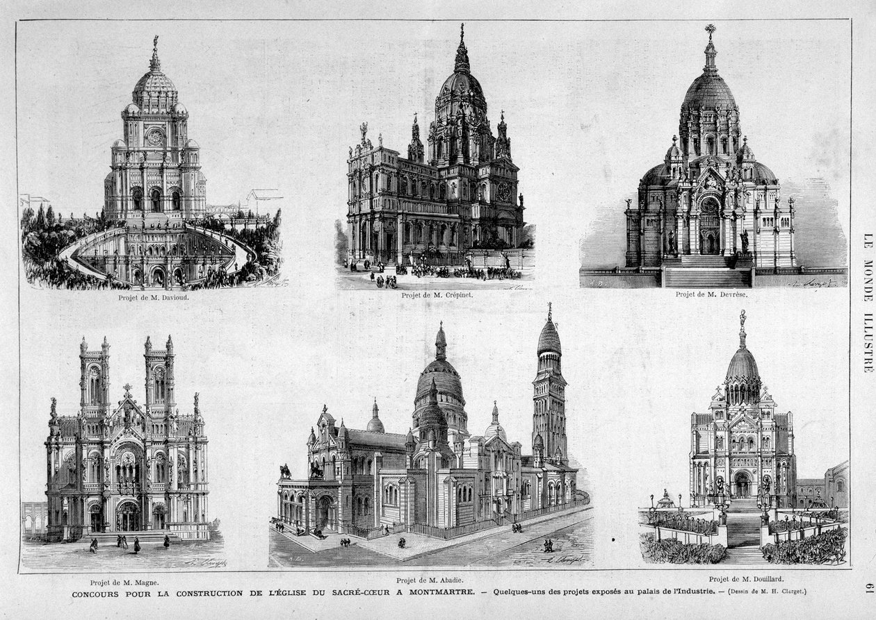 Prosjekter for konkurransen til kirken Sacre Coeur i Montmartre - i "" The Illustrous World"" av 25.07.1874 av Unknown artist