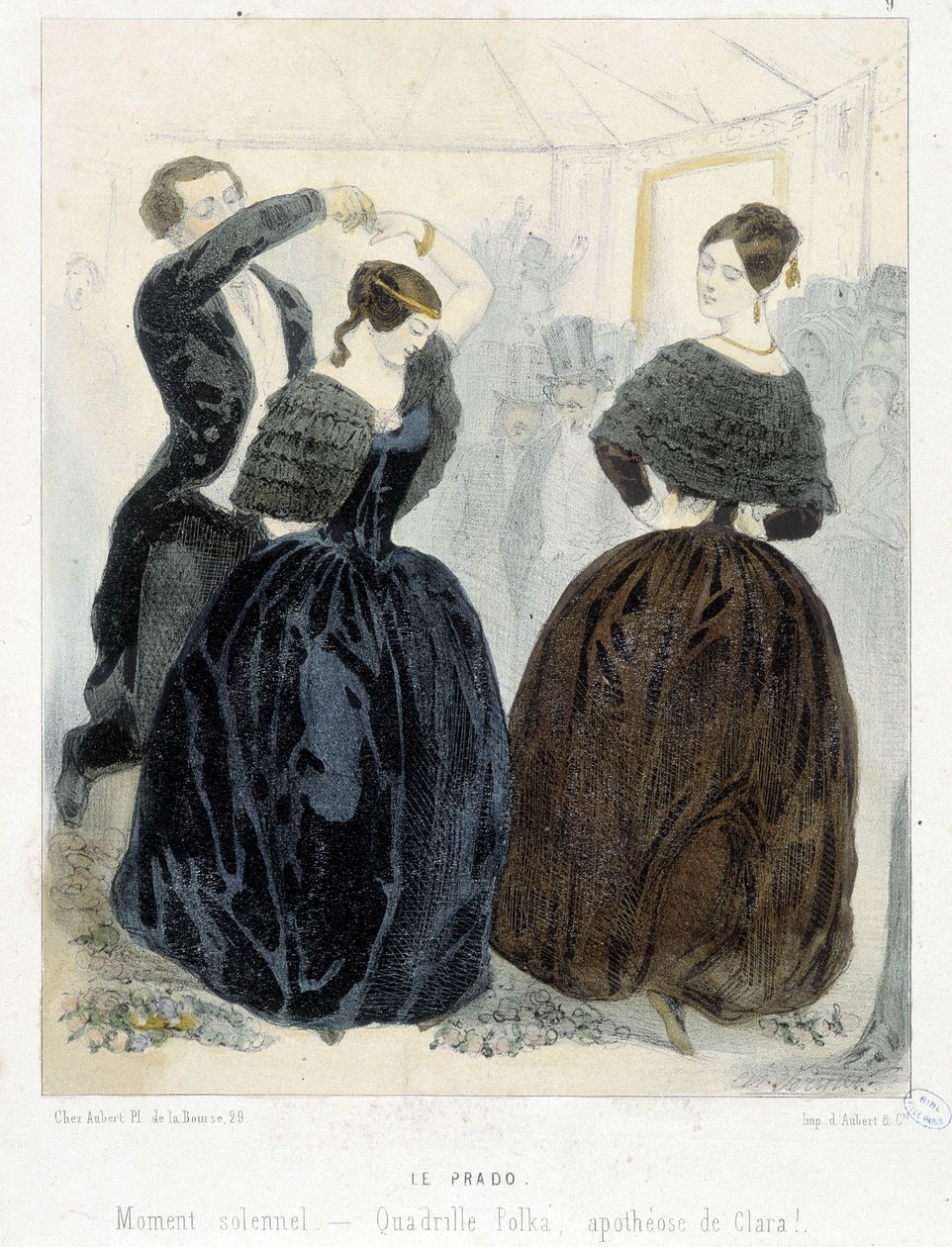 Populært skoleball i Paris: Le Prado, ca. 1860: "" Quadrille, polka, apoteose av Clara ". av Unknown artist
