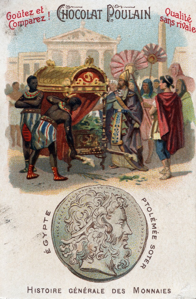 Ptolemee I (360-283 f.Kr.) Soter (frelser) fikk begravet Alexander den store. I generell mynthistorie. Sjokolade-føllkromolitografi fra slutten av 1800-tallet. Privat samling. av Unknown artist