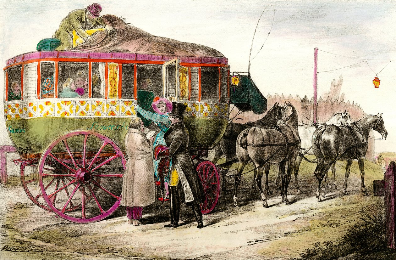 Offentlig transport: passasjerer som kommer inn i Parisienne Diligence. Gravering av privatsamlingen fra 1800-tallet av Unknown artist
