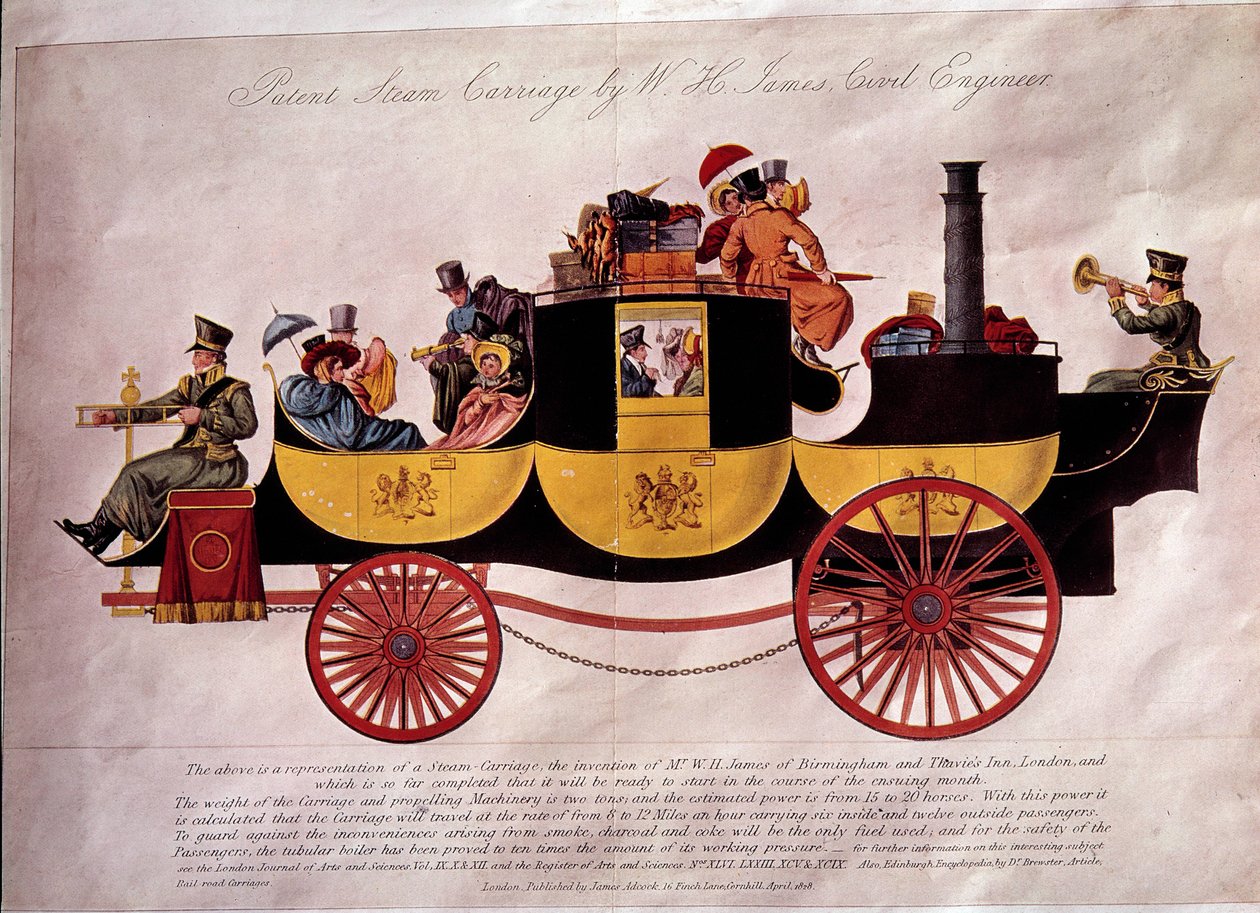 Offentlig transport: representasjon av et dampskip lastet med passasjerer og bagasje. Den ble designet av ingeniør W.H. James. Litografi av 1828. Dekorativ kunst, Paris av Unknown artist