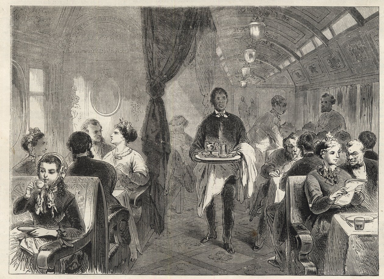 Pullman dining carriage of the Pacific Railways in 1869 - inside a wagon hotel on the Pacific Railway - av Unknown artist