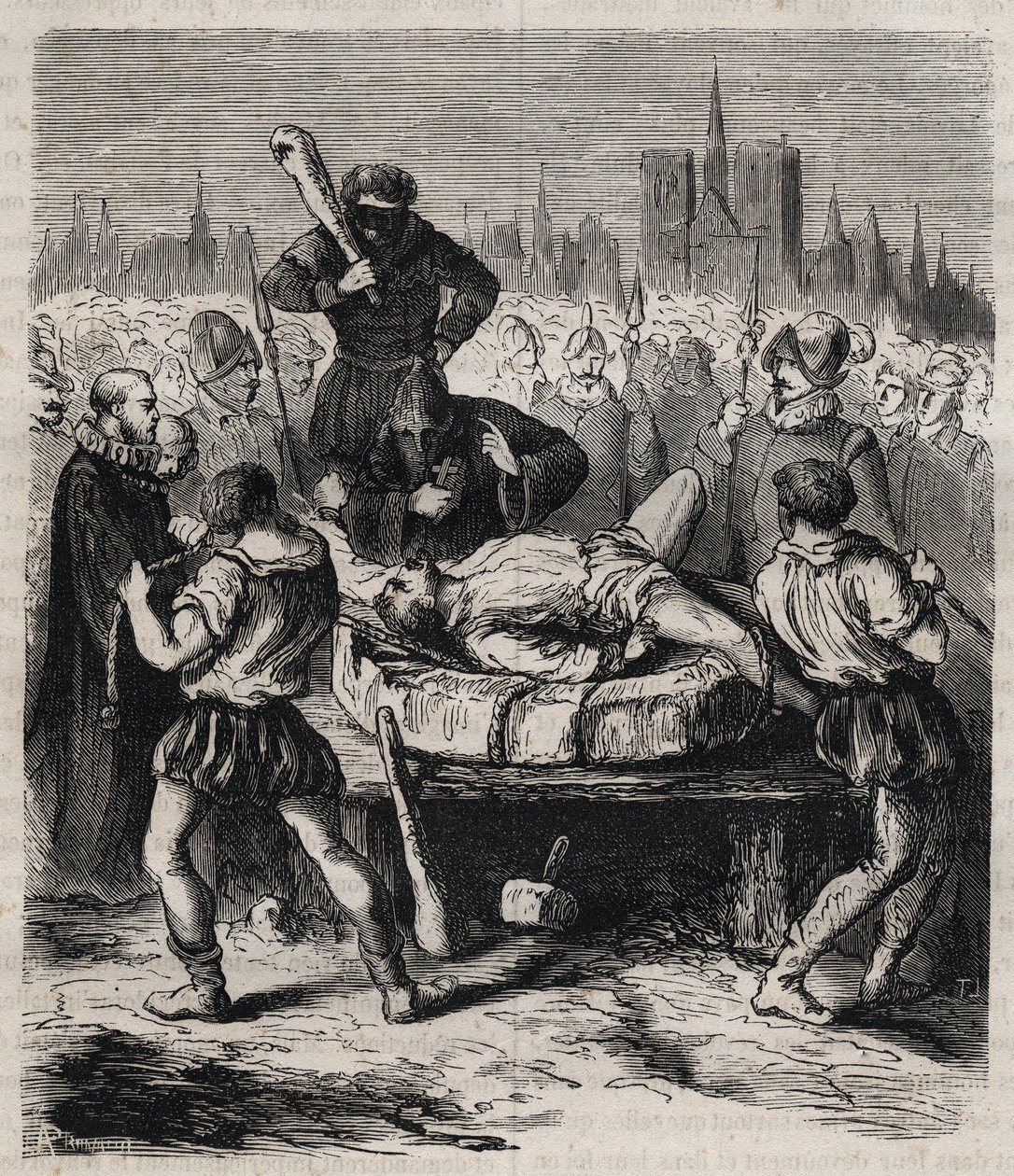 Straff av Francois Ravaillac (1578-1610) morder av kong Henry IV (1553-1610) på Place de Greve i Paris i 1610 - Gravering av 1879 i "Historien om hemmelige, politiske og religiøse samfunn" av Pierre Zaccone (1817-1895) av Unknown artist