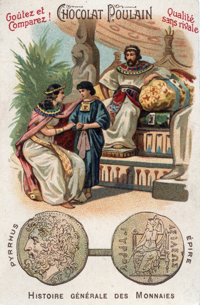 Pyrrhus I (or Pyrrhos) king of Epire from 306 to 272 BC. In General History of Coins. Chocolate-foal chromolithography of the end of the 19th century. Private collection. av Unknown artist