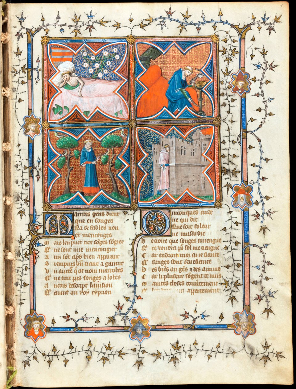 ""Fire menn opptatt med forskjellige aktiviteter"" opplyst side fra manuskriptet ""Le Roman de la Rose"" av Guillaume de Lorris (rundt 1200-1238) og Jean de Meun (Meung) (1240-1305) rundt 1353 Sveits, Genève bibliotek av Unknown artist