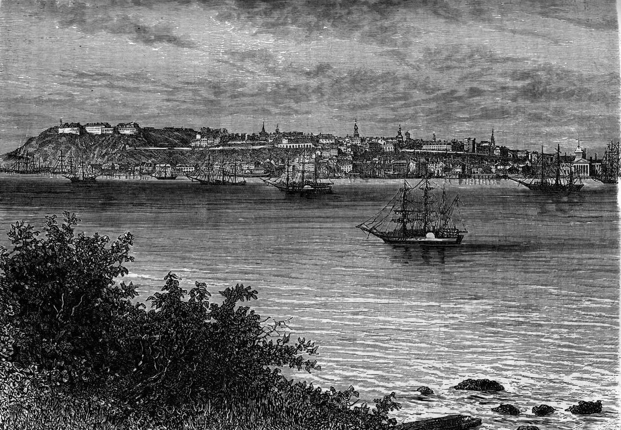 Quebec City, Canada, fra høyre bredd av St. Lawrence (St. Lawrence). Gravering i "" Le Journal de la jeunesse"" av Unknown artist