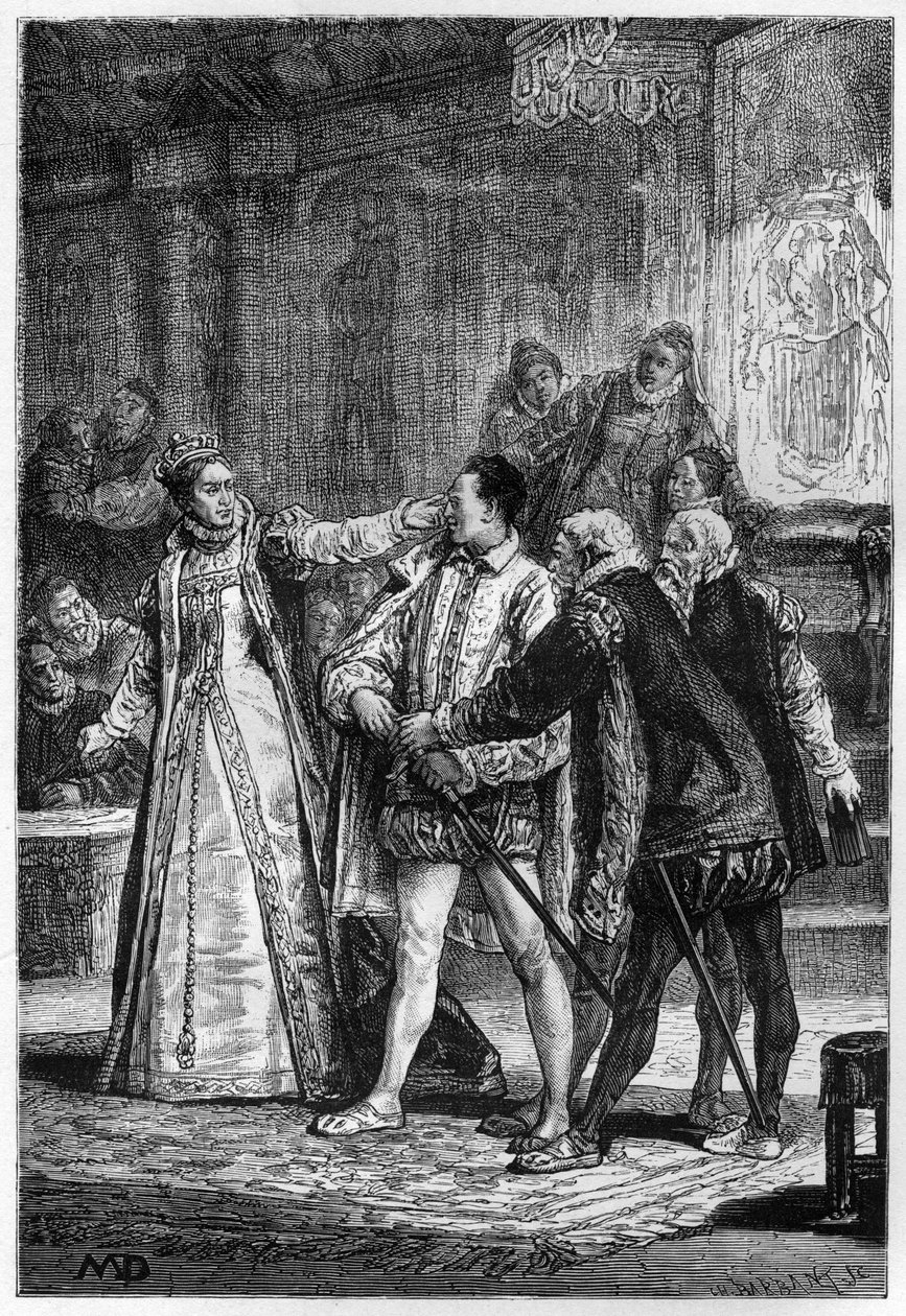 Queen Elizabeth I of England striking the 2nd Earl of Essex Robert Devereux av Unknown artist