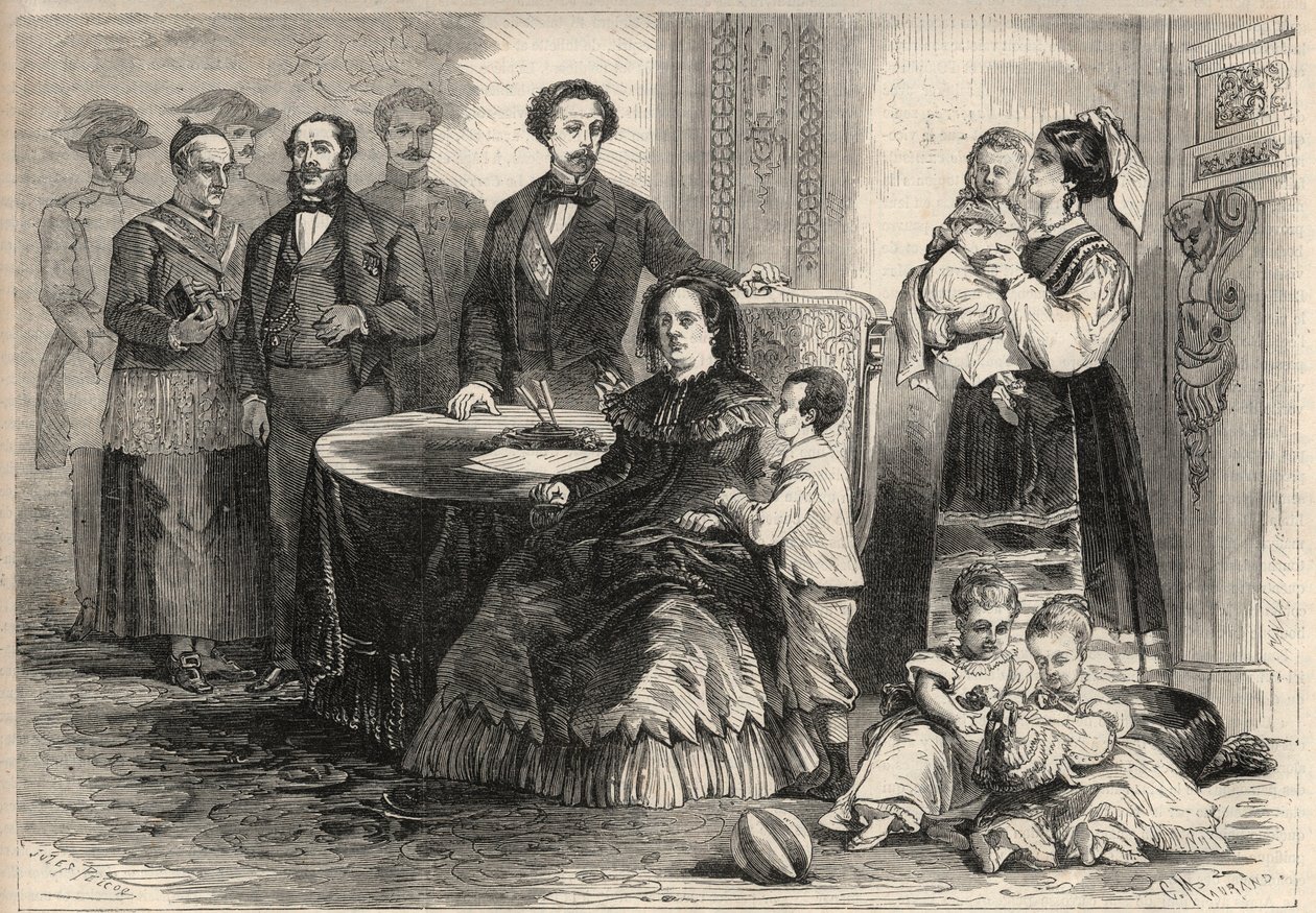 Dronning Isabella II av Spania (Isabella av Bourbon) (1830-1904) og Francois av Assisi av Bourbon eller Francois I av Spania (1822-1902) tok tilflukt med barna sine på slottet Pau i Frankrike etter septemberrevolusjonen (Gloriosa) . Blant barna deres av Unknown artist