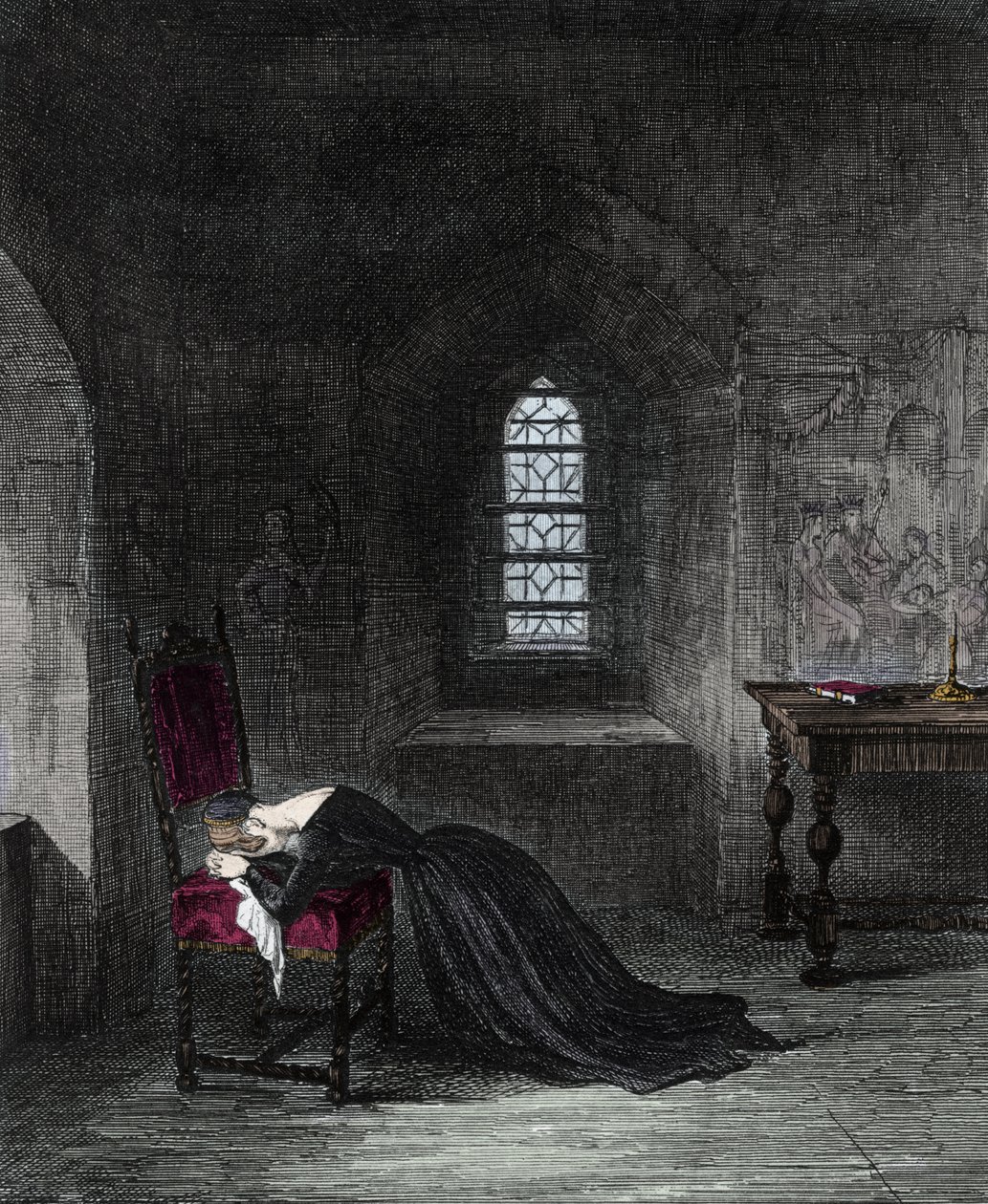 Dronning Jeanne Gray er fange i Tower of London. Lady Jane Gray (1537-1554), niese til kong Henry VIII, var dronning av England i 9 dager. Hennes kusine Mary (Mary Tudor) som gjør krav på tronen, vil få henne fengslet og henrettet for høyforræderi. Graveri av Unknown artist