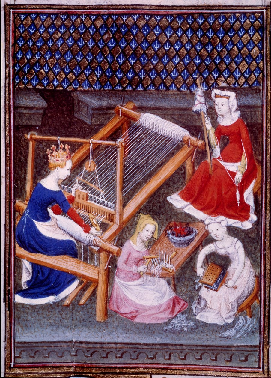 Dronning Tanaquil, kone til den romerske kongen Tarquin den eldre, vevd miniatyr tegnet fra "" De mulieribus claris "" "(Lette og edle kvinner)" "av Giovanni Boccaccio (Boccaccio) (1313-1373) av Unknown artist