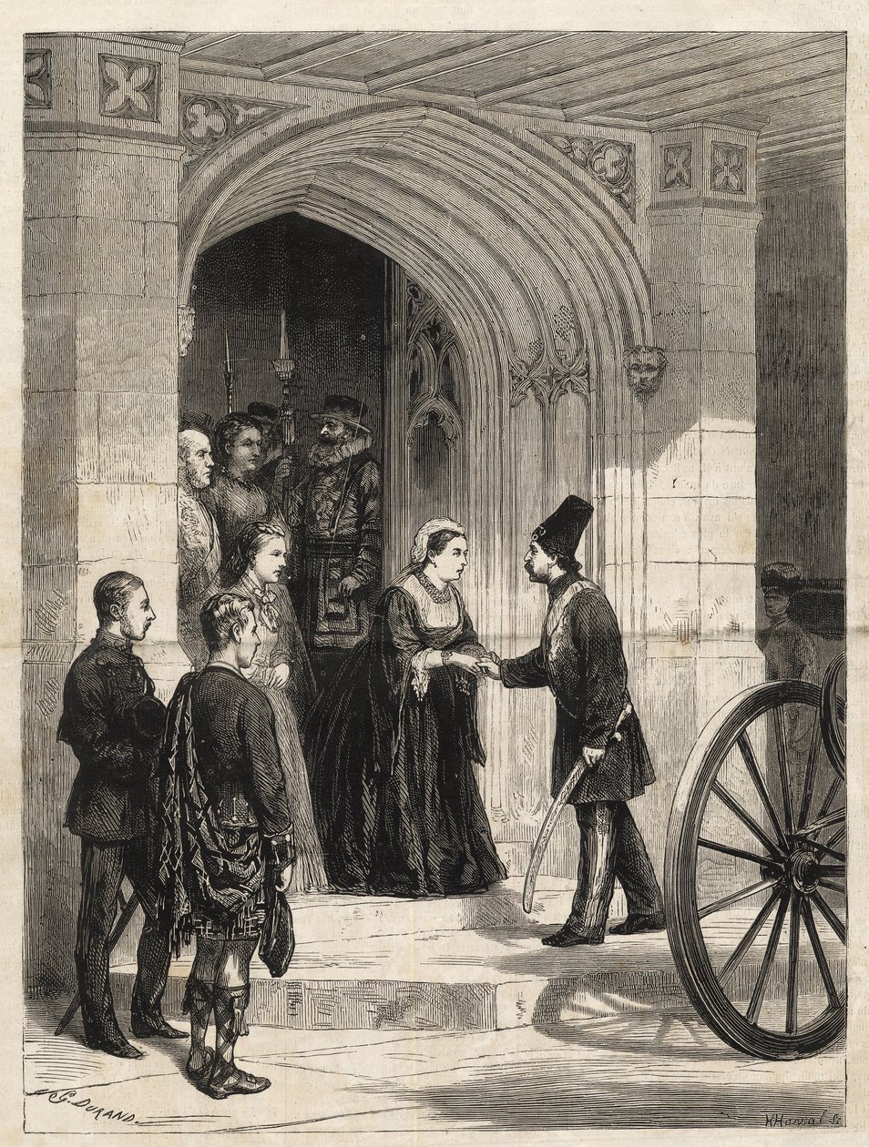 Dronning Victoria mottar sjahen av Persia (Naser al-Din Shah Qajar - Nassereddin Shah Qajar) (Nasser al-Din eller Nassereddin Shah, Nassiruddin Shah eller Nasir al Din) (1831-1896) ved suverenens inngang, Windsor Castle - 1873 Gravering fra 