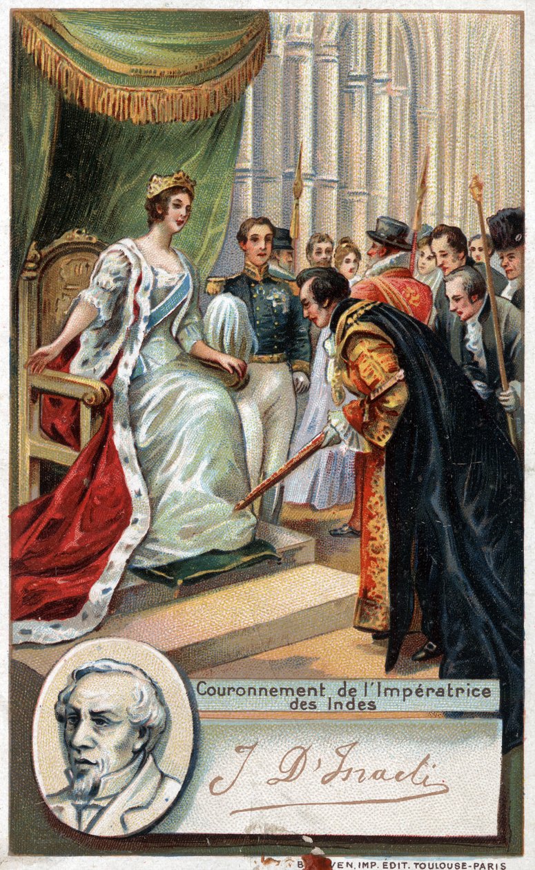 Dronning av England Victoria kronet Imperatrice av India 1877 med støtte fra Benjamin Disraeli (1804-1881) britisk forfatter og politiker. Kromolitografi fra 1800-tallet. av Unknown artist