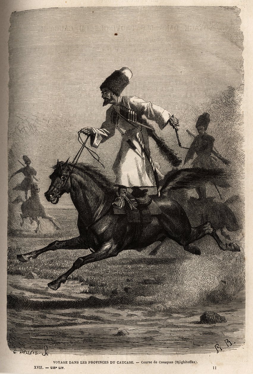 Race of Cossacks, klatrer i balanse stående på salen, rytterne pisker hestene sine for å få dem til å galoppere. Gravering for å illustrere reisen i provinsene i Kaukasus, av Basile Vereschaguine, i 1864-1865, publisert i "" Le tour du monde, nouvea av Unknown artist