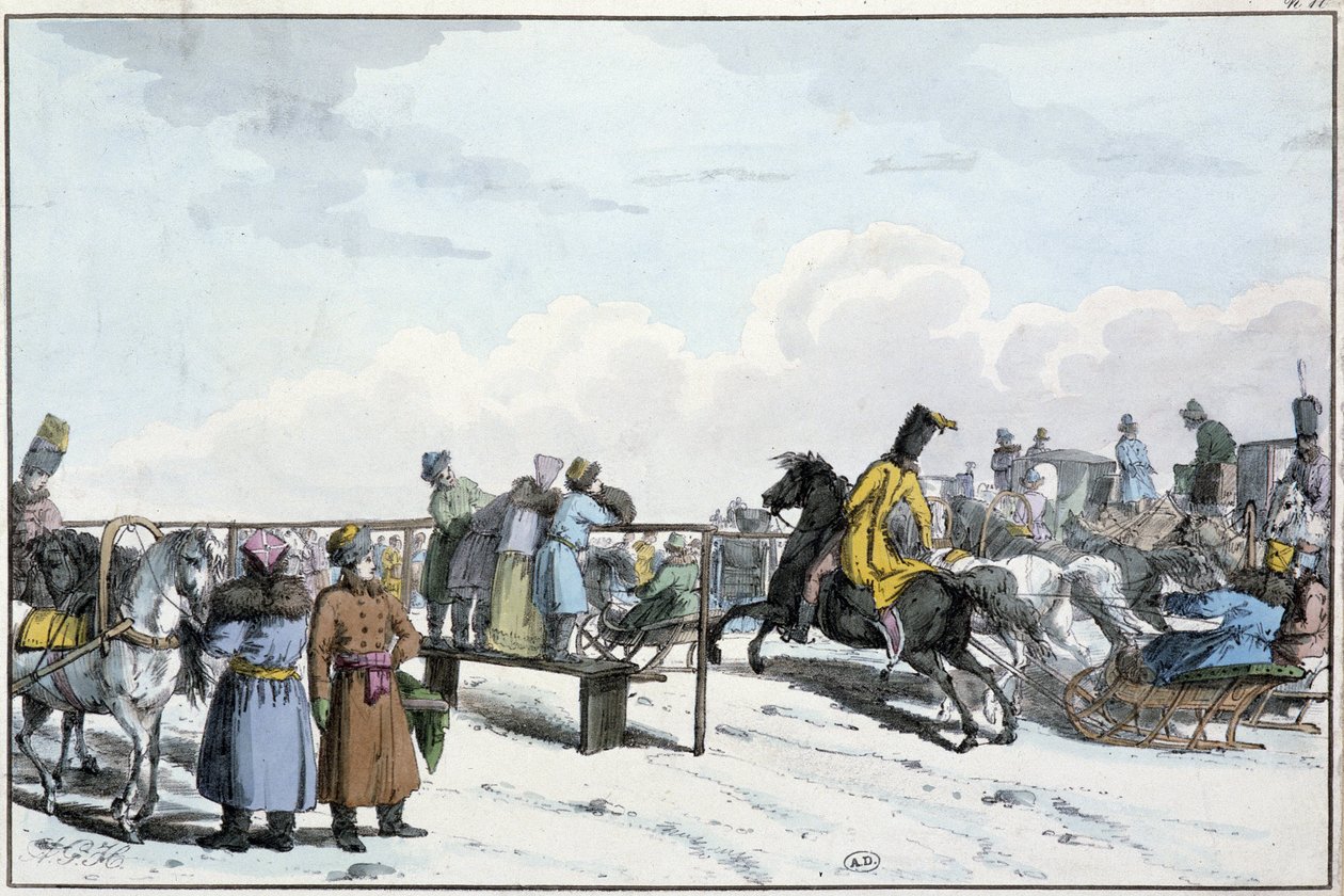Race av stridsvogner og hester i Russland - gravering av Unknown artist