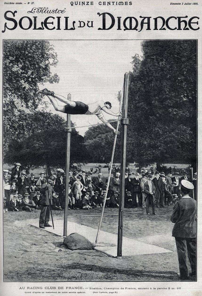 Racingklubb i Frankrike. Sheldon, mester i Frankrike, hopper 2, 95 m for å hoppe a la Perche. Gravering i “” Le sun-du-dimanche””, 2. juli av Unknown artist