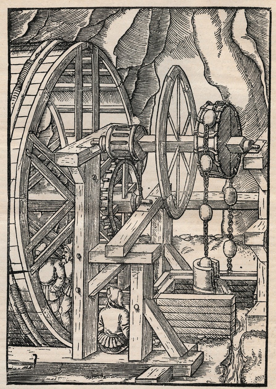 Rag-og-kjede pumpe for å tømme en mine som drives av menn på tredemølle. Fra Agricola (George Bauer) De re metallica, Basel av Unknown artist