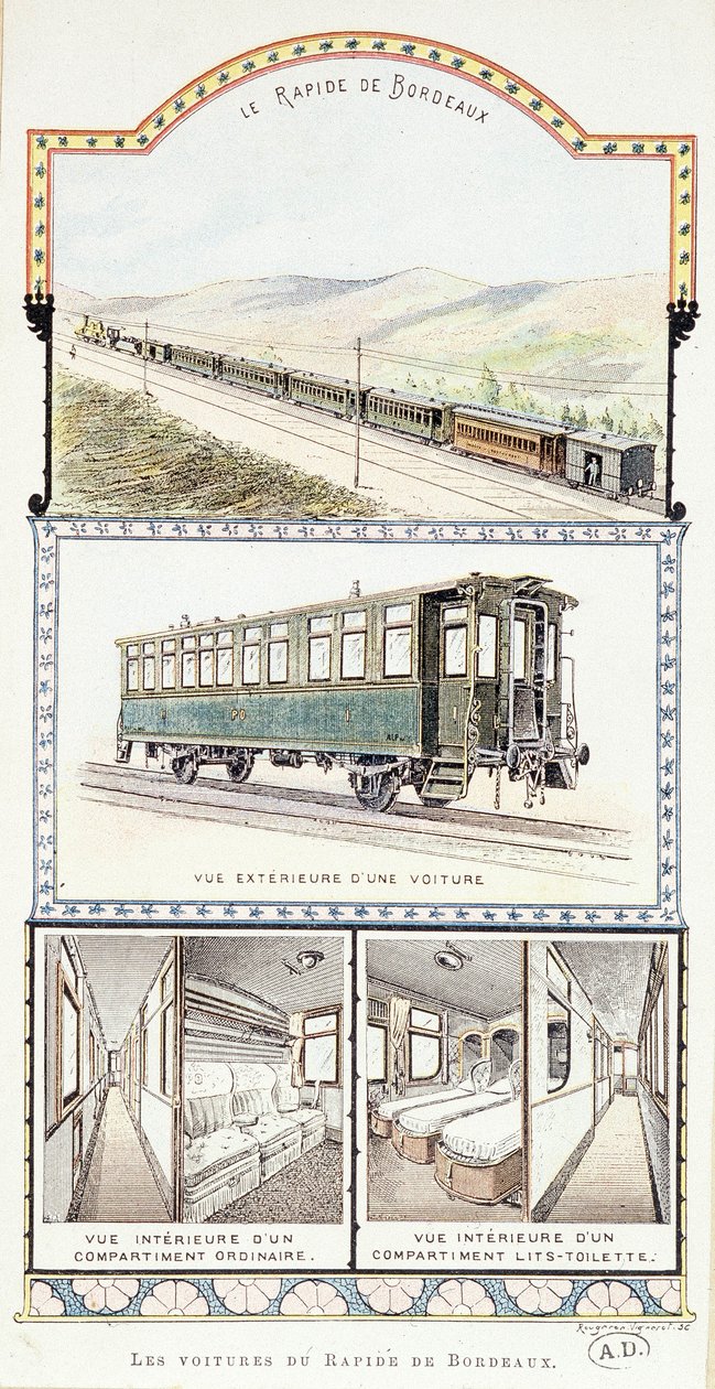 Orléans jernbaner: eksteriør og interiørutsikt over Bordeaux Rapid-biler av Unknown artist