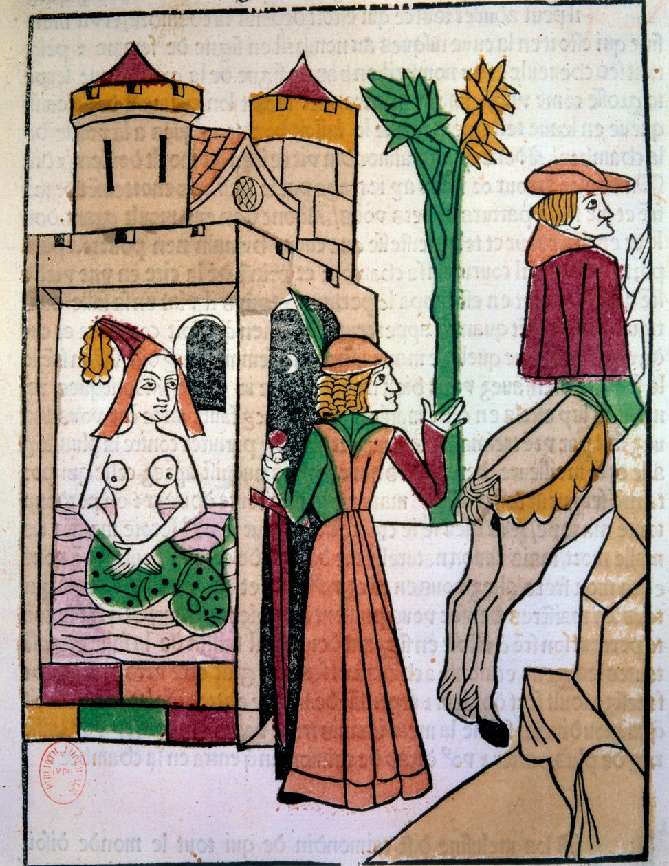 Raimondin spionerer på kona Melusine i badekaret. Håndbelyst tregravering i "Histoire de Melusine"" (folio 142) skrevet av Jean d