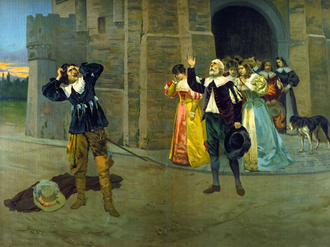 Raimondo kunngjør Lucias død til Edgar i den siste scenen i akt III av operaen "Lucie de Lammermoor" (Lucia) av Gaetano Donizetti. av Unknown artist