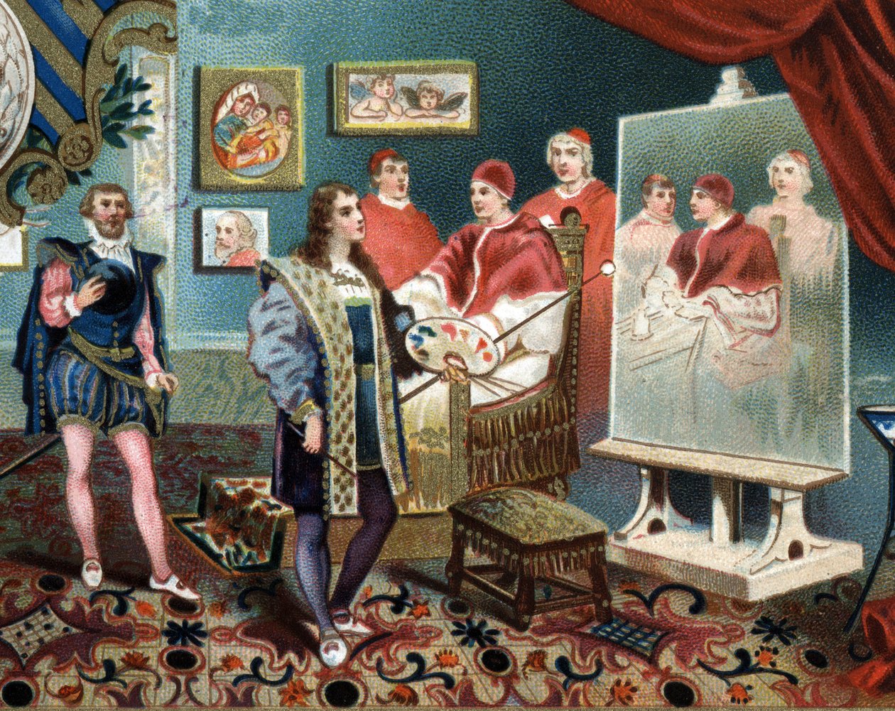 Raphael (Raffaello Sanzio) som jobber med portrettet av pave Leon X (leone 10) omgir kardinalene Jules de Medicis (Giulio) (pave Clement VII) av Unknown artist