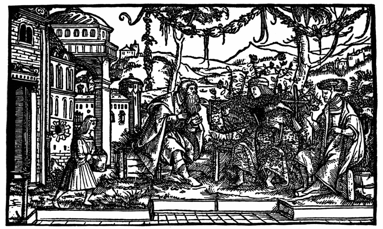 Raphaël Hythlodée, en reisende som tilbrakte fem år i Utopia, forteller Thomas More og Pierre Gilles om reisen hans. Xylografi utgitt i utgaven av "Utopia" av Thomas More (1478 - 1535) fra 1516. av Unknown artist