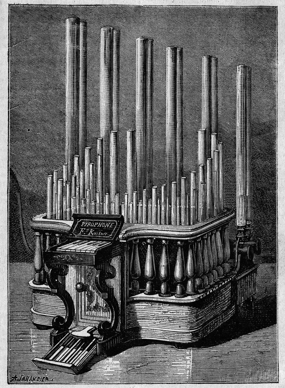 Sjeldne eller imaginære instrumenter: Pyrofonen eller "syngende flammer", av Frederic Kastner (instrument som genererer flammer drevet av gassstråler). av Unknown artist