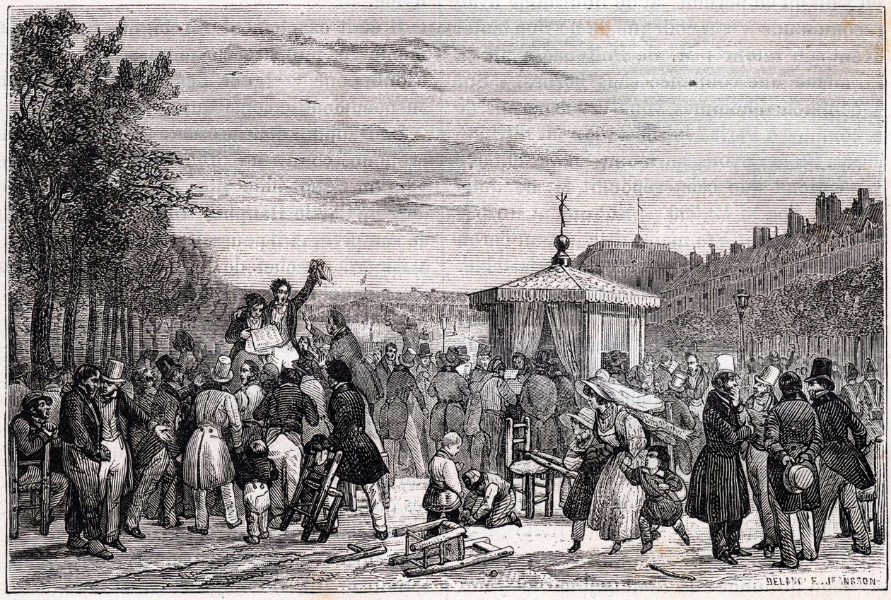Lesing av kjennelsene publisert i avisen Moniteur i hagen til det kongelige slott i Paris 26. juli 1830 under borgerkrig - revolusjon 1830 - av Unknown
