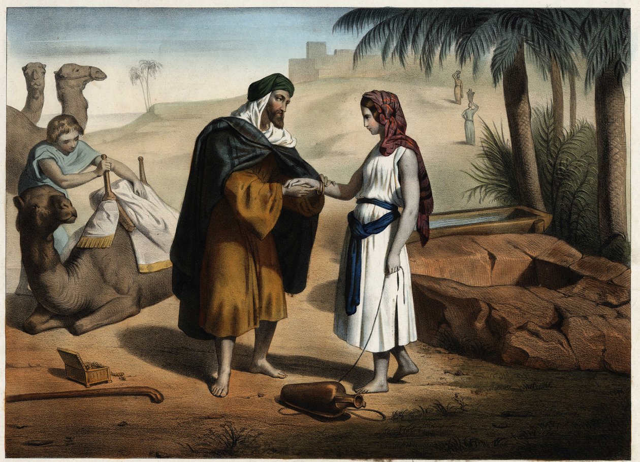 Rebecca and Eliezer to the well: Eliezer of Damascus, charged with finding a wife for Isaac in Mesopotamia, brings Rebecca back. Anonymous engraving of the 19th century. av Unknown artist