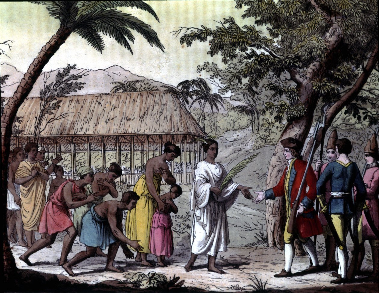 Kvittering av navigatøren Samuel Wallis av dronning Oberea på Tahiti. "" Navigations of Cook", Milano av Unknown artist