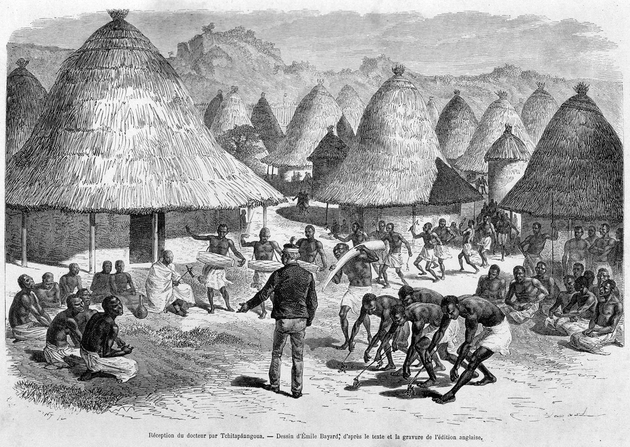 Mottakelse av Dr. Livingstone av Tchitapanngoua - "" Livingstones siste reise 1866-1873"" i "" Jorden rundt"", 2. sem. 1875 av Unknown artist