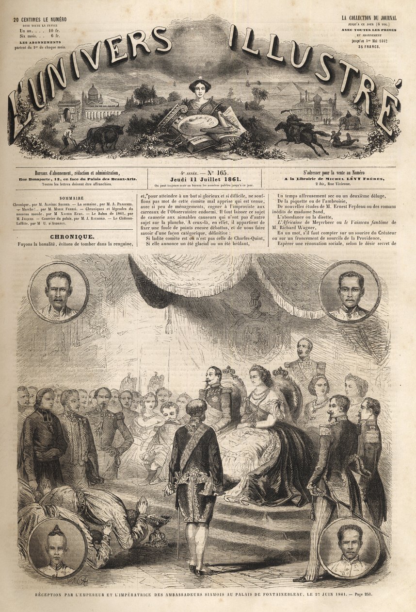 Mottakelse av siamesiske ambassadører av keiser Napoleon III og keiserinne Eugenie ved Palace of Fontainebleau, 27. juni 1861 - "Reception des ambassadeurs du Siam par Napoleon III et l'imperatrice Eugenie": I den store ballsalen Henri II du  av Unknown artist