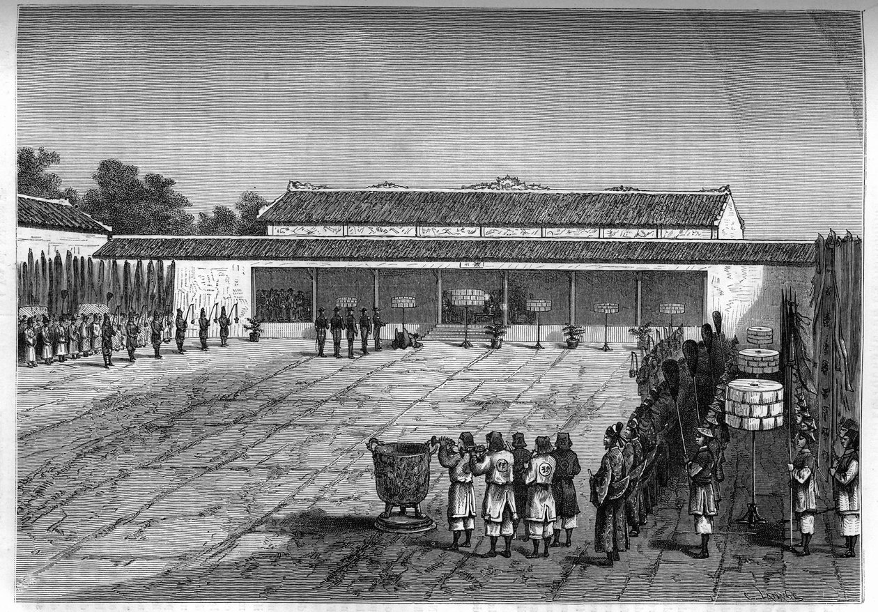 Mottakelse av den franske fullmektigen i Hue av kongen av Annam. Gravering i «Le journal de la jeunesse»» av Unknown artist