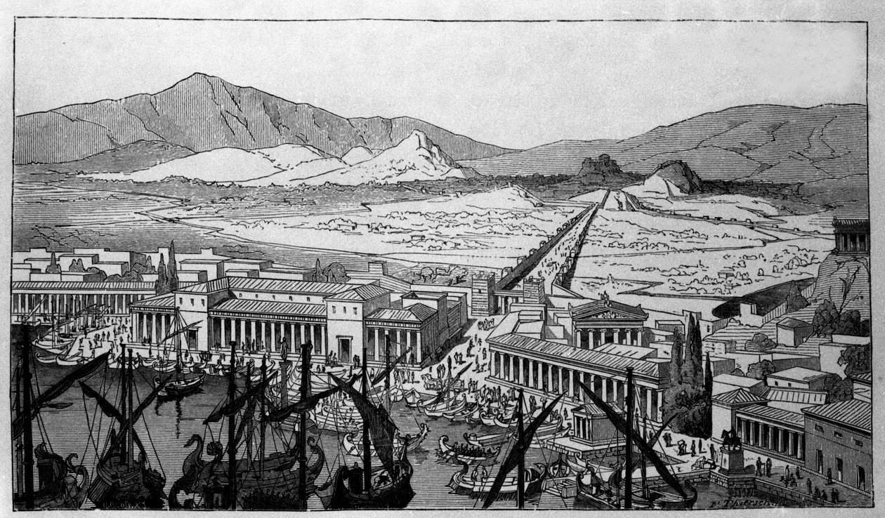 Rekonstituering av havnen i Piree i Hellas som i den antikke perioden. av Unknown artist