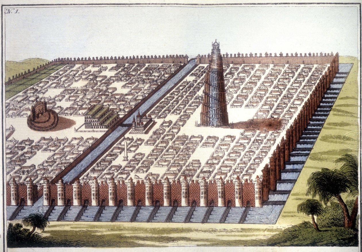 Rekonstruert utsikt over den gamle byen Babylon, med innhegningen, de hengende hagene og zigguraten. av Unknown artist