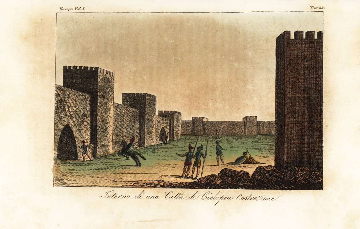 Rekonstruksjon av interiøret i en by bygget i kyklopisk murverk, mykensk arkitektur av Unknown artist