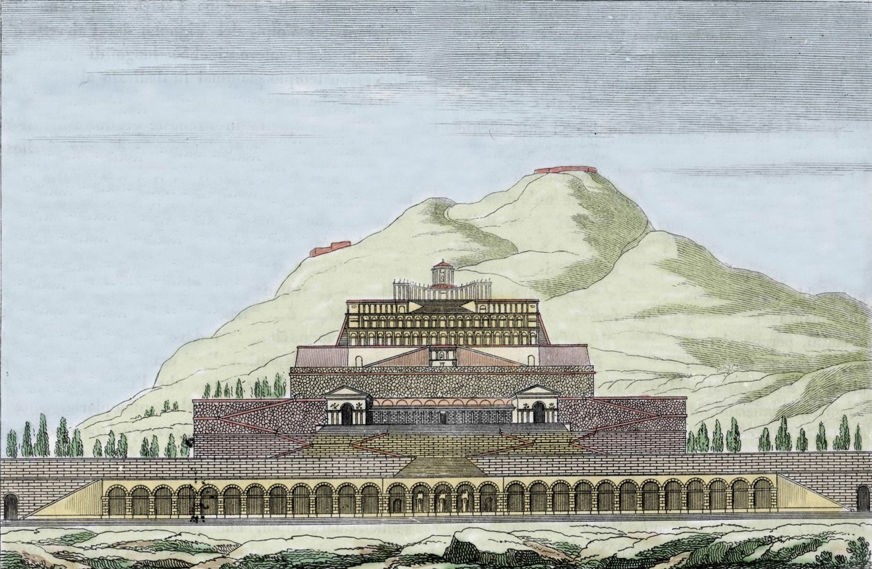Gjenoppbygging av tempelet Fortuna (tilfeldighetens romerske guddom) i Palestrina, Italia. Gravering fra 1800-tallet av Unknown artist