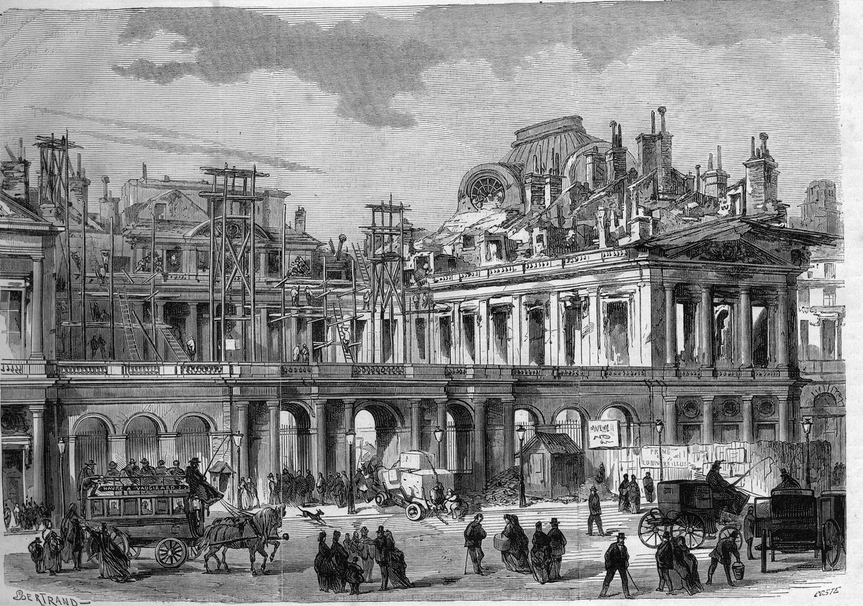 Reconstruction works of the Royal Palace (Palais-Royal) in Paris. Engraving in “” L